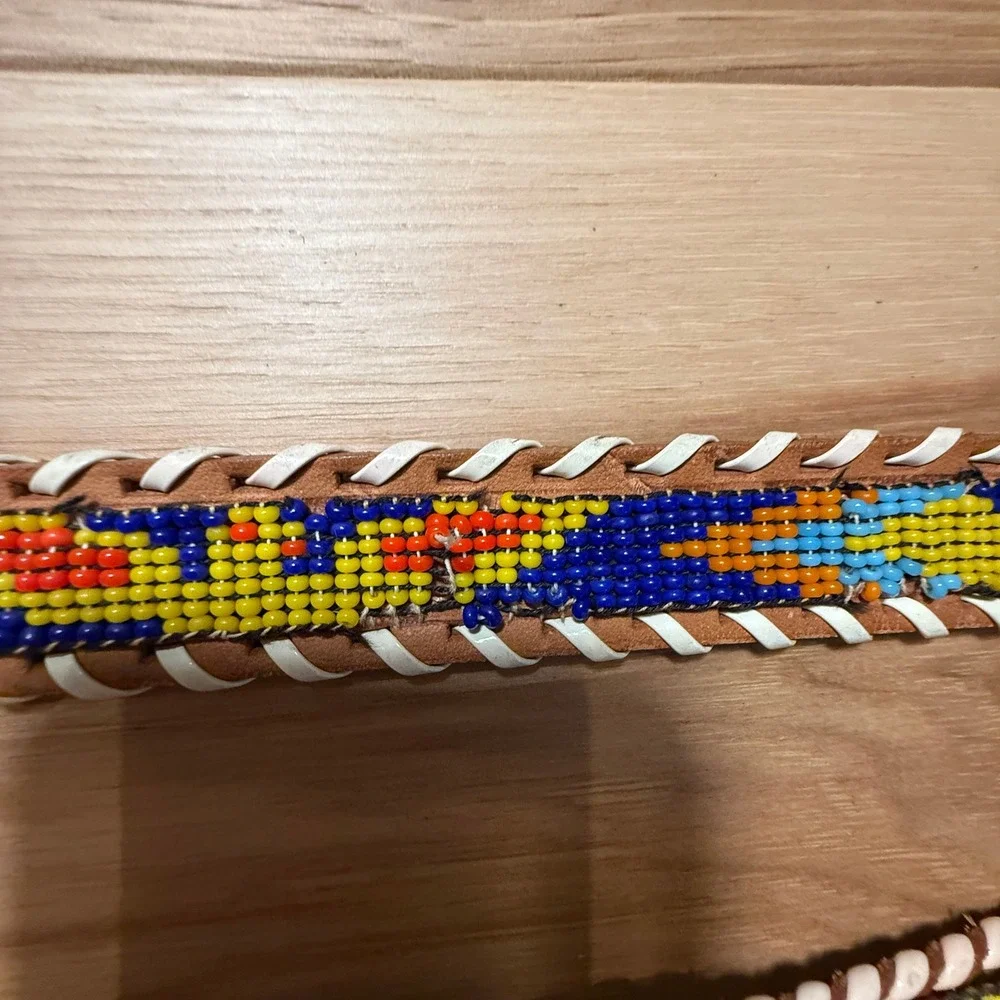 Beaded Leather Belts Kids or Adult XS Brown Tan Lot of 3 Vintage Western Boho
